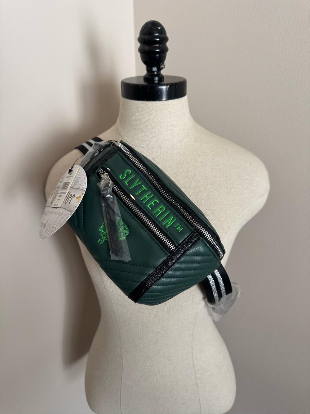 Danielle Nicole Green Quilted Slytherin Crossbody Belt Bag with Black Trim